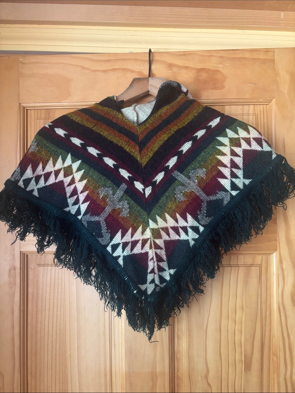 Handwoven Geometric Fringe Poncho in Forest Multi-Color
